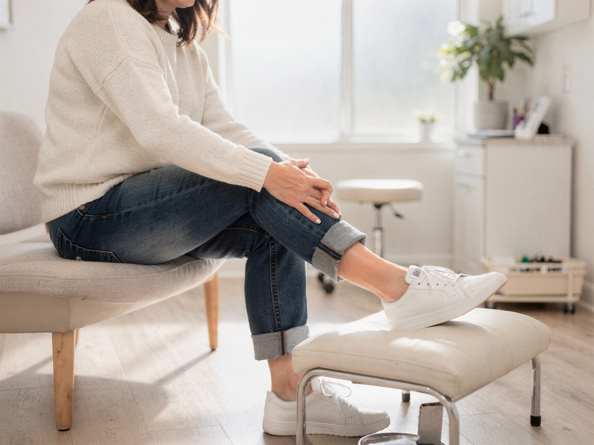 Woman seated on a bench holding her ankle, foot on a footrest – podiatry care in Medford, OR